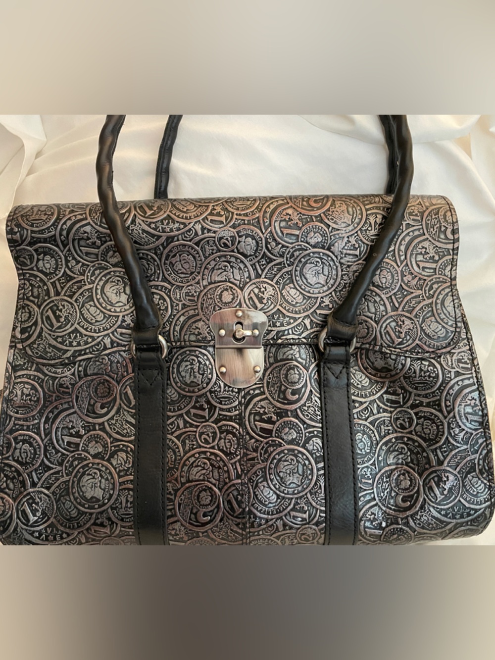 Patricia Nash Pewter Coin Tooled Vienna satchel with Silver Hardware